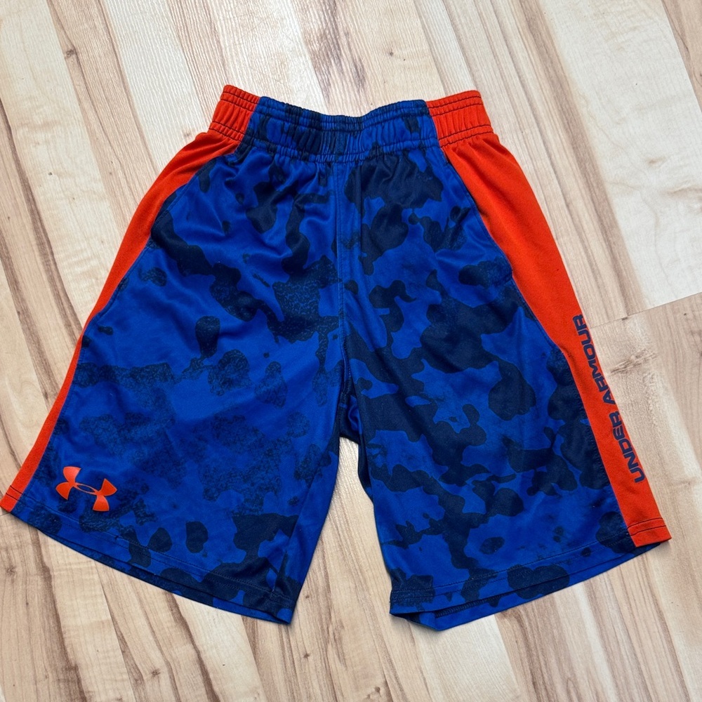 Under Armour Blue Camo Shorts with Orange Panels